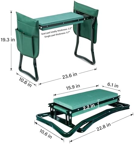 iPower Garden Kneeler and Seat Foldable Kneeling Bench with Sturdy Soft EVA Foam Pad for Outdoor, Fishing, Camping, 2 Tool Pouches Included, Green