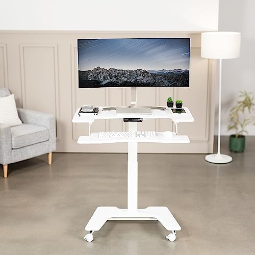 VIVO Black Electric Mobile Height Adjustable 36 inch Dual Platform Standing Desk with Wheels, Rolling Small Space Table, Sit Stand Workstation, DESK-V111VT