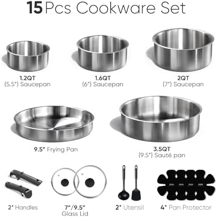 CAROTE 15pcs Tri-Ply Stainless Steel Cookware Set with Detachable Handle | Pots and Pans Set, Even Heating, Non-Toxic, Induction Compatible