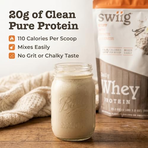 swiig Madagascar Vanilla Whey Protein Powder 20g Muscle Recovery 2.2 lb | Gluten-free, non-GMO daily nutrition supplement with digestive enzymes. Keto-friendly smoothie mix yields 35 servings.