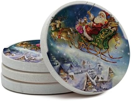 Thirstystone Santa’s Sleigh Natural Sandstone Coaster 4 Pack Eco-Friendly, Absorbent, Easily Wipes Clean | 4" Diameter, Manufactured in the USA