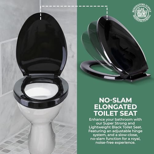 Renovators Supply Manufacturing Plastic Soft Close Toilet Seat Elongated Quiet-Close Lid, Contoured Seat, Easy to Install and Clean, Grip-Tight Bumpers with Adjustable Mounting Hardware, Black