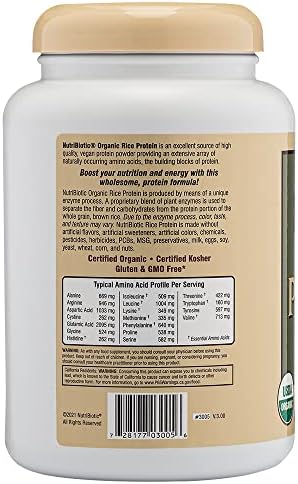 NutriBiotic Certified Organic Plain Rice Protein, 21 Ounce | Low Carbohydrate Vegan Protein Powder | Raw, Certified Kosher & Keto Friendly | Made Without Chemicals, GMOs & Gluten | Easy to Digest