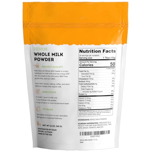 Kate Naturals Dry Whole Milk Powder for Baking, Coffee & Milkshakes (12oz)