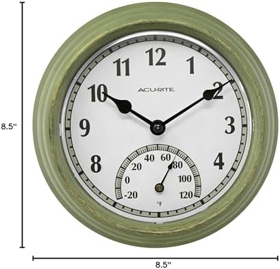 AcuRite 02470 Rustic Green Outdoor Clock with Thermometer, 8.5"