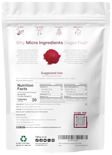 Micro Ingredients Organic Dragon Fruit Powder, 10oz | Natural Fruit Flavor | Freeze-Dried Pink Pitaya Source | No Sugar & Additives | Great for Drinks