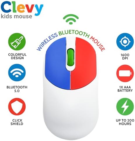 Clevy Kids Mouse - Colorful Ergonomic Bluetooth Computer and Laptop Kids Mouse for School and Home Computer Use - Wireless Children Friendly
