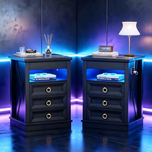 Farmhouse Nightstand with Lockable Hidden Drawer, Human Sensor LED Bedside Table with LED Lights & Charging Station, Rustic Wood Sofa Side End Table with 3 Drawers for Bedroom (Black)