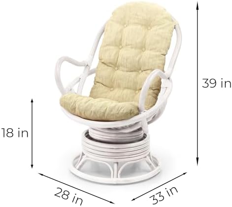 Lounge Swivel Rocking Java Chair Rattan Wicker Handmade with Cream Cushion, White Color