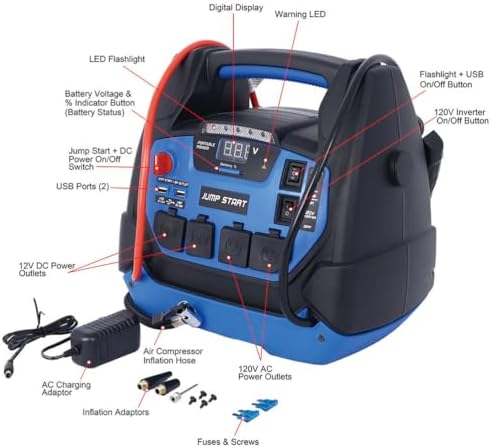 1800 Peak Amp Jump Starter with Air Compressor, 6-in-1 Portable Power Station, 12V AGM Battery Booster for Up to 8.0L Gas & 6.0L Diesel Engines