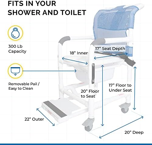 Institutional Grade Rolling Shower Commode Chair with Wheels & Drop Arms – Padded Seat, Locking Casters, Sliding Footrest