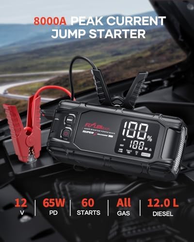 FLYLINKTECH Car Battery Jump Starter, 8000A Peak 26800mAh Jump Start Battery Pack(for All Gas or up to 12L Diesel)
