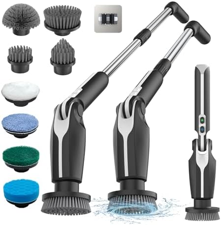 Leebein Electric Spin Scrubber, Shower Scrubber with 4 Adjustable Angles and 8 Brush Heads, Electric Scrubber with Long Handle & Remote Controller