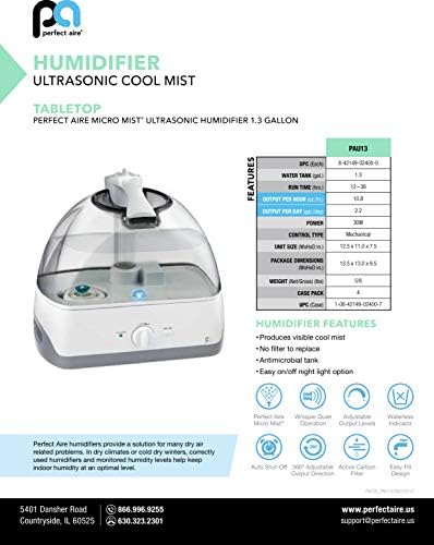 PerfectAire PAU13 - Cool Mist Ultrasonic Humidifier - 1.3 Gallon, Single Room, Touch Control