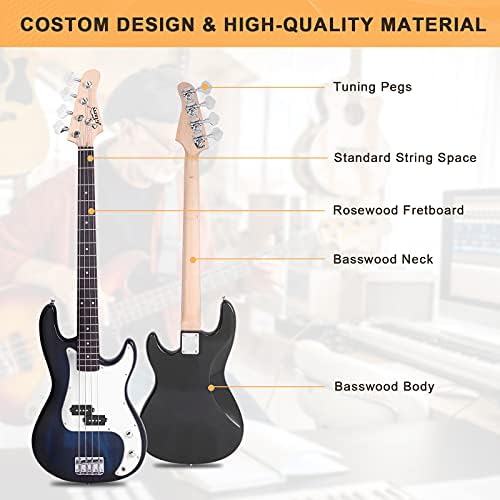 GLARRY Full Size Electric Bass Guitar Beginner Kit 4 String Exquisite Basswood Bass with 20W AMP, Cable, Strap, Bag and Accessories (Transparent Blue, 39"Right Handed)