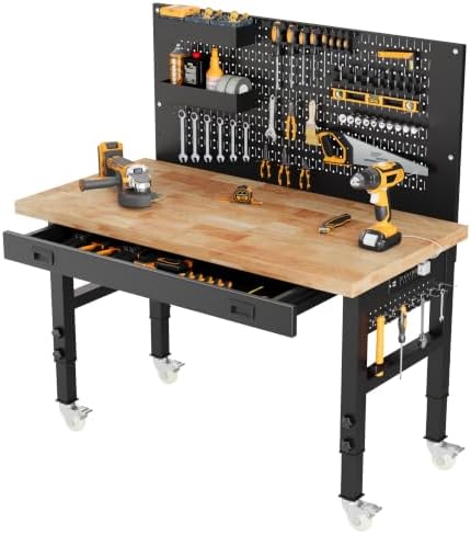 60" Heavy Duty Workbench, 2500 LBS Load Capacity Work Bench with 1.2" Laminated Oak Wood Top & Reinforced Steel Frame, Adjustable Height Work Table for Garage, Workshop, Office, Home (Casters)