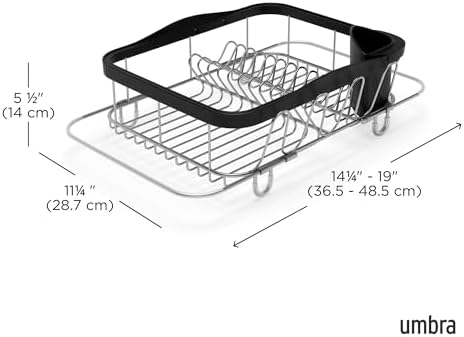 Umbra Sinkin Dish Drying Rack, in Sink or Countertop Drainer, Black/Nickel | Removable utensil holder, non slip rubber feet, fits standard sizes, coated wire and plastic