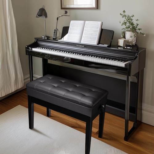 AW Adjustable Piano Bench with Storage Brown Wooden Keyboard Stool Seat | Leather Cushion Paino Chair for Piano Shop Music School Studio Capacity 400lbs