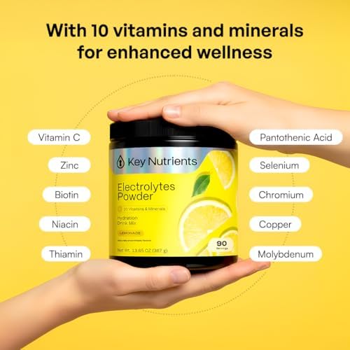 KEY NUTRIENTS Potassium Multivitamin Electrolytes Powder, Lemonade, 90 Serv | Multivitamin Electrolytes Powder, Refreshing Lemonade, Sugar Free, Sodium & Potassium Supplement, No Calories, Made in USA