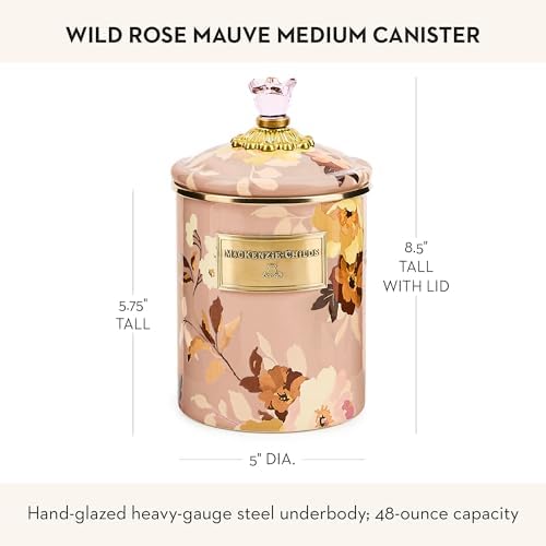 MACKENZIE-CHILDS Enamel Canister, Medium, White Butterfly Garden | Hand-applied design, made from enameled steel, versatile kitchen storage container for flour and sugar, 48-ounce capacity