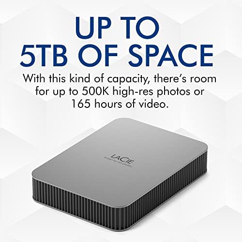 LaCie Mobile Drive, 5TB, External Hard Drive Portable - Moon Silver, USB-C 3.2, for PC and Mac, Post-Consumer Recycled