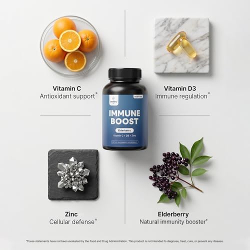 Immune Support Capsules for Adults with Elderberry, Vitamin C, Vitamin D3 & Zinc – Daily Immune Defense Supplement | Zealthy Life | 60 Capsules
