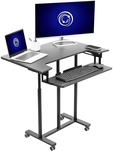VIVO Mobile Height Adjustable Table, Stand Up Desk Cart with Sliding Keyboard Tray, Computer Workstation, Rolling Presentation Cart, Black