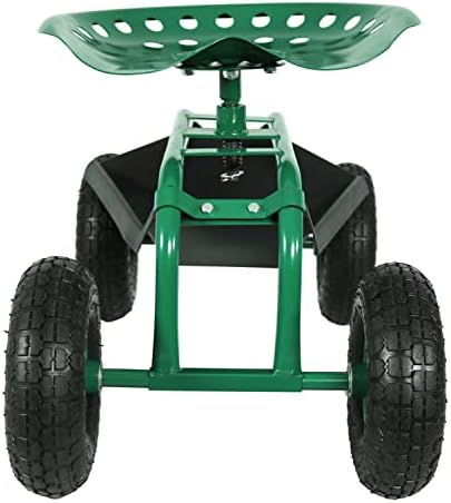 Sunnydaze Rolling Garden Cart with Swivel Seat and Storage, Green | Steel Rolling Gardening Seat with Utility Tray, and Basket for Storage, Rotating, Swiveling Motion