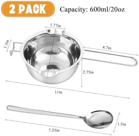 2 Pieces Stainless Steel Double Boiler Pot with 2 Metal Spoon, Chocolate Melting Pot for Melting Chocolate, Butter, Cheese