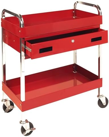Performance Tool W54004 Two-Shelf Utility Cart with Locking Drawer | Red rolling tiered storage cart with wheels. 350 lb load capacity. Swivel casters. 28x16 inch deep shelves
