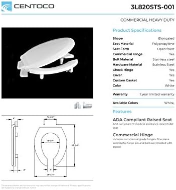 Centoco 3 inch Raised Toilet Seat for Seniors, Elongated, White | Closed Front, Cover, Plastic, 3L800STS-001, Made in the USA