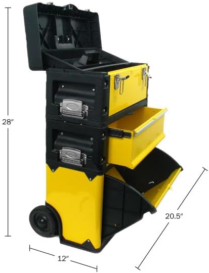 Portable Tool Box on Wheels - Stackable 3-in-1 Chest for Workshops and Craft Rooms - Foldable Comfort Handle and Latches by Stalwart (Black/Yellow)