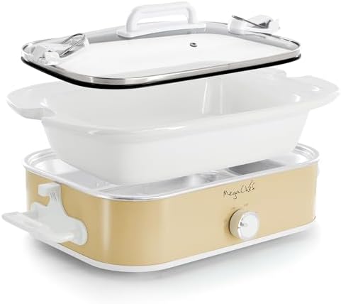 MegaChef 3.5 Quart Rectangle Casserole Slow Cooker with 3 Temperature Settings, Carry Handles and Locking Tempered Glass Lid (Cream)