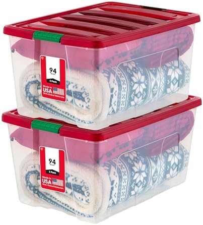 IRIS USA 2-Pack Holiday Ornament Storage Box with Attached Lid, Clear/Red