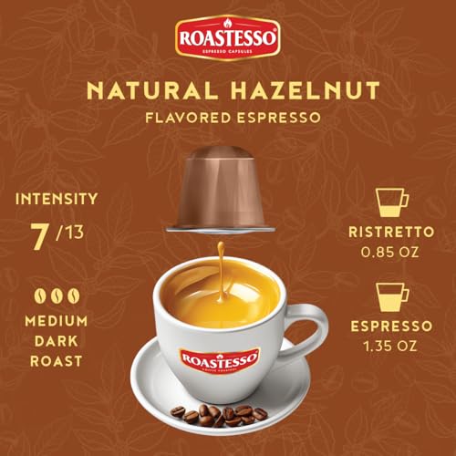 Roastesso, Aluminum Espresso Capsules, Flavors Variety Pack, Natural Flavored Coffee Pods with French Vanilla, Caramel, Chocolate & Hazelnut