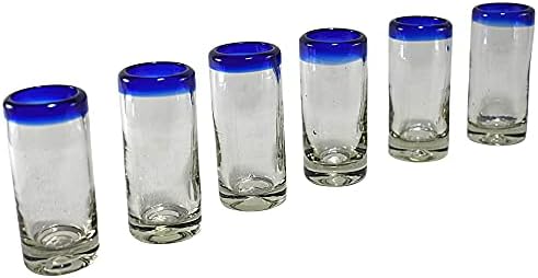 MAREY Hand Blown Drinking Glasses Artisan Crafted from Mexico Set of 6 pieces (Cobalt Blue Rim, Water 16 Oz.)