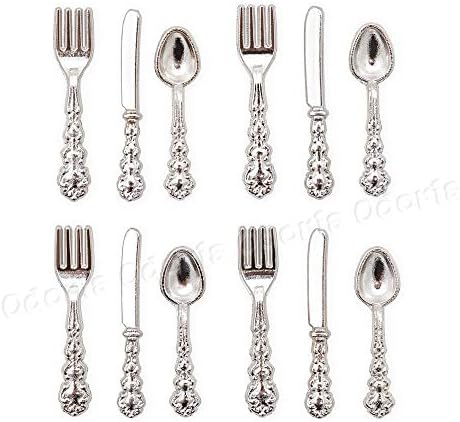 Odoria 1/12 Miniature Plates and Silverware Knife Fork Spoon Set Dollhouse Accessories, Silver