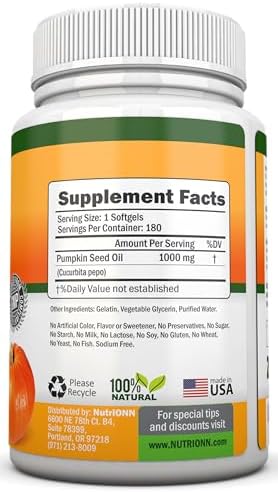 NutriONN Pumpkin Seed Oil - 1000MG - 180 Softgels - Cold-Pressed Natural Pumpkin Seed Oil - Natural Source of Essential Fatty Acids - Great for Hair