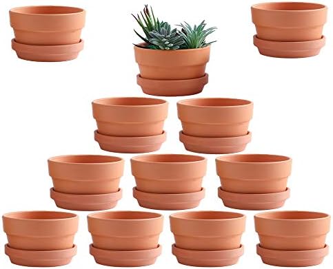 Yishang 3.5 Inch Shallow Terra Cotta pots with Saucer/Tray, Ceramic Clay Planter with Drain Hole for Succulent & Cactus Nursery Planter