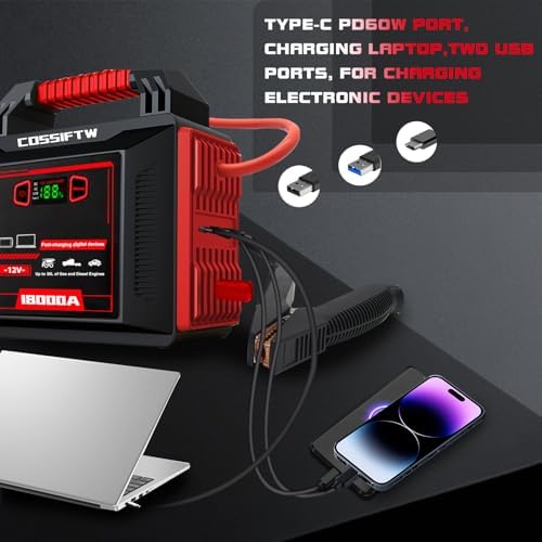 Heavy Duty Trucks 18000A 12V Car Jump Starter Portable Power Bank with PD 60W Two-Way Fast-Charging, Battery Booster Pack for Truck, Diesel, RV, SUV