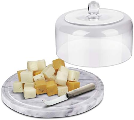 Flexzion Marble Cake Stand with Glass Dome Lid, 8.7-Inch Serving Plate