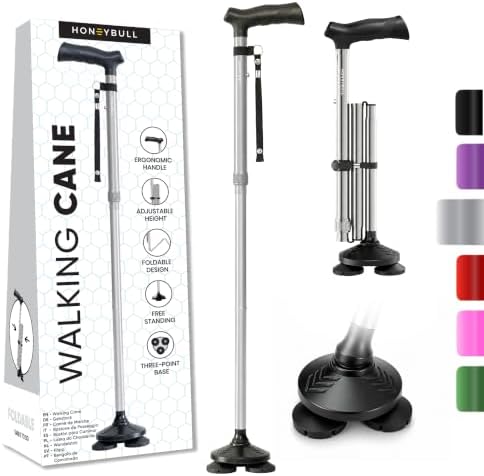 HONEYBULL Walking Cane for Men & Women, Foldable Free Standing Cane | Adjustable height, collapsible design, heavy-duty, pivot base for stable support, ergonomic handle