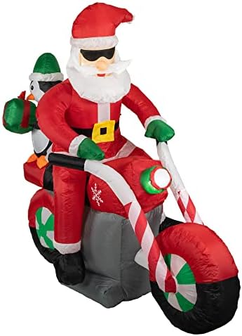 LED Lighted Santa and Penguin on Motorcycle Outdoor Christmas Inflatable - 5'