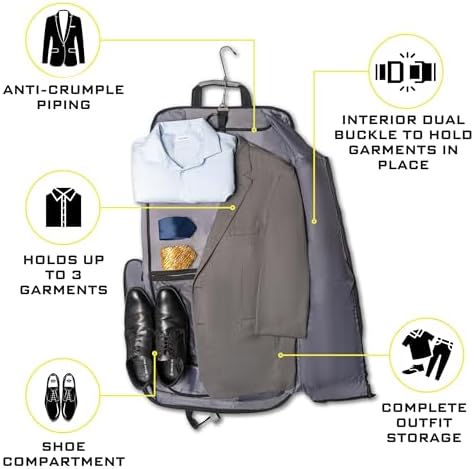 Premium Suit Garment Bag Carry On - Hangs 4 Suits - Travel & Business with Shoulder Strap and Laptop Compartment