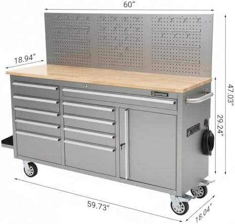 61-Inch Rolling Tool Chest with 10 Drawers & Power Strip, Solid Rubber Wood Top, 1675 LBS Load Heavy Duty Mobile Workstation, Locking System and Drawer Liners for Garage Warehouse Shop, Black