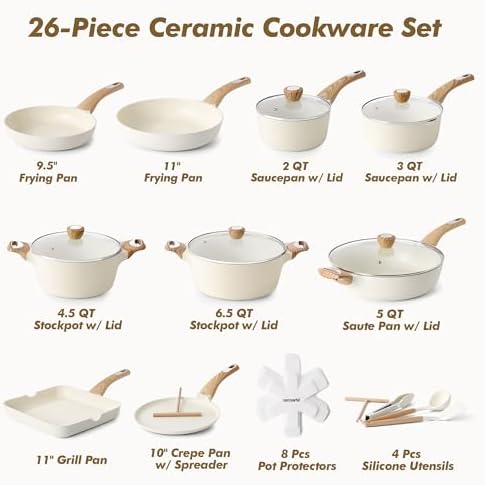 SENSARTE Ceramic Cookware Sets, Pots and Pans Set Non stick, Non toxic Healthy Induction Cookware, 26 Pcs Nonstick Kitchen Cooking Set, w/Frying Pans Set, Saucepans Set