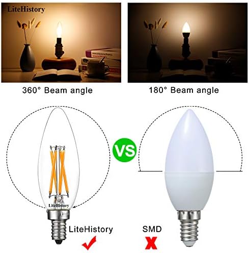 LiteHistory B10 E12 Led Bulb,Light Bulbs 60 watt Soft White,Dimmable,2700K | 6w=60w Led Light Bulbs,600lm,AC120V,360°,ETL,B11,Candelabra Light Bulbs for Chandelier Light Bulbs,Ceiling Fan,Pendant,12Pack