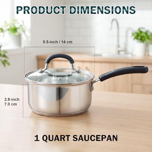 Cook N Home Professional 2 Quart Stainless Steel Saucepan with Lid, Small Kitchen Induction Cooking Sauce Pot Pan, Stay-Cool Silicone Handle, Dishwasher Safe