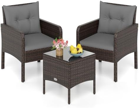 Tangkula 3 Piece Outdoor Patio Furniture Set, Wicker Chairs Set with Glass Top Coffee Table, Thick Cushions