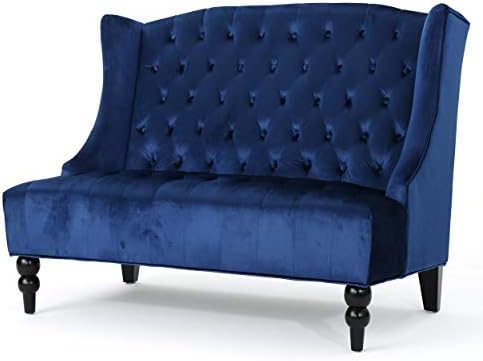 GDFStudio Modern Glam Tufted Velvet Wingback Loveseat, Navy Blue and Dark Brown